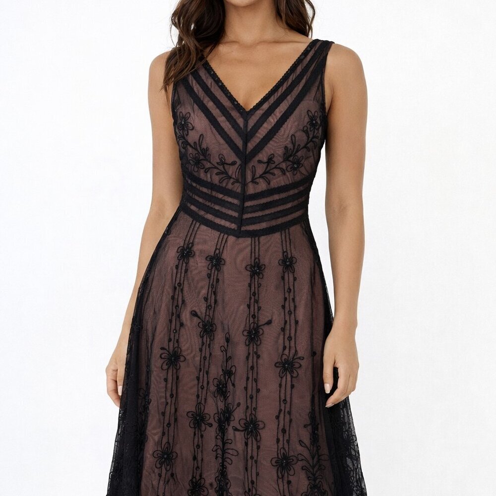 BCBG Max Azria Black Embroidered Beaded Sheer Dress Size 4 Gothic Whimsigoth